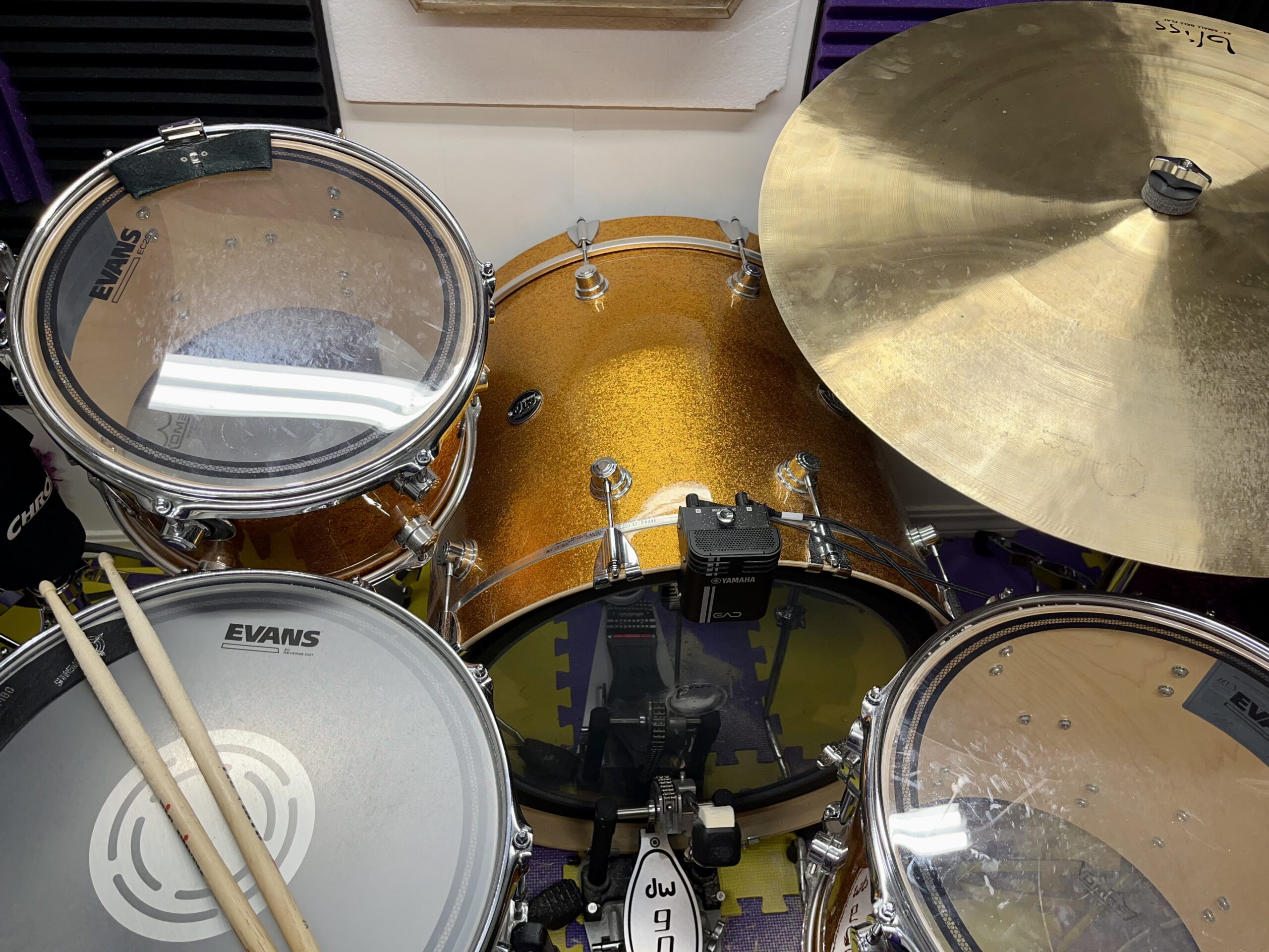 Gold sparkle drum kit from above